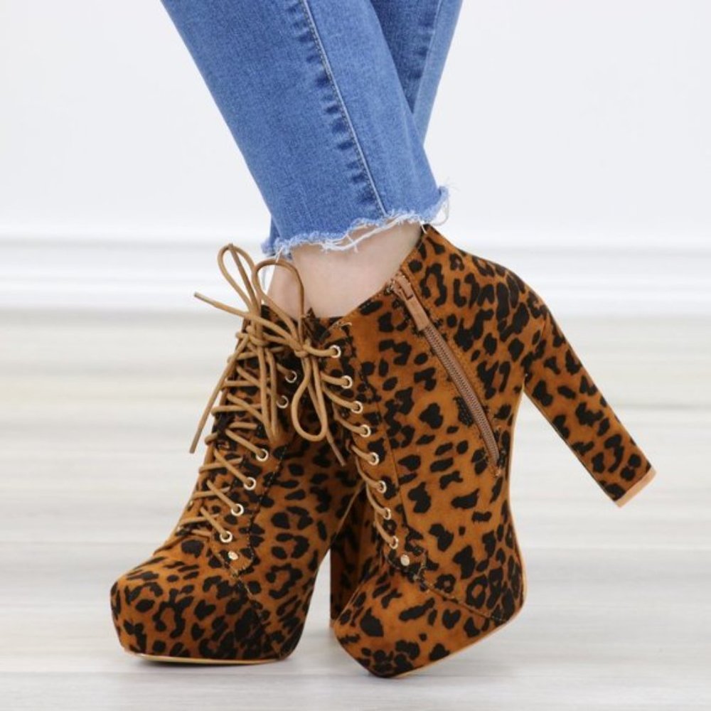 Leopard Print Suede Heeled Ankle Booties - Picture 5 of 11